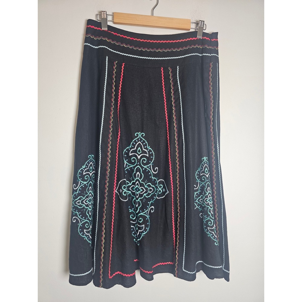Boho Saint Tropez West Midi Skirt Womens 8 Black Embroidered Linen Rickrack